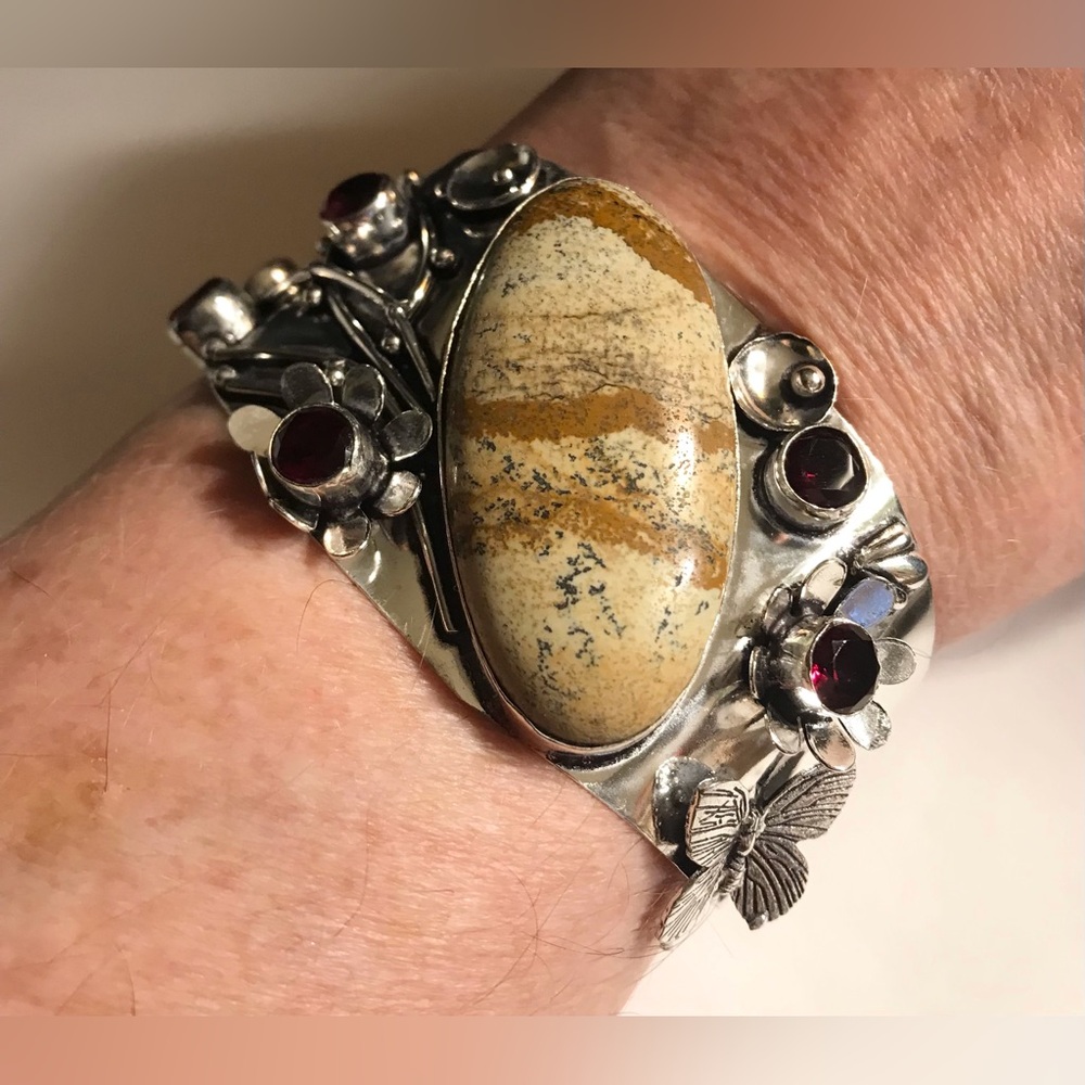 Picture Jasper Amethyst 925 Sterling Silver Cuff Bracelet